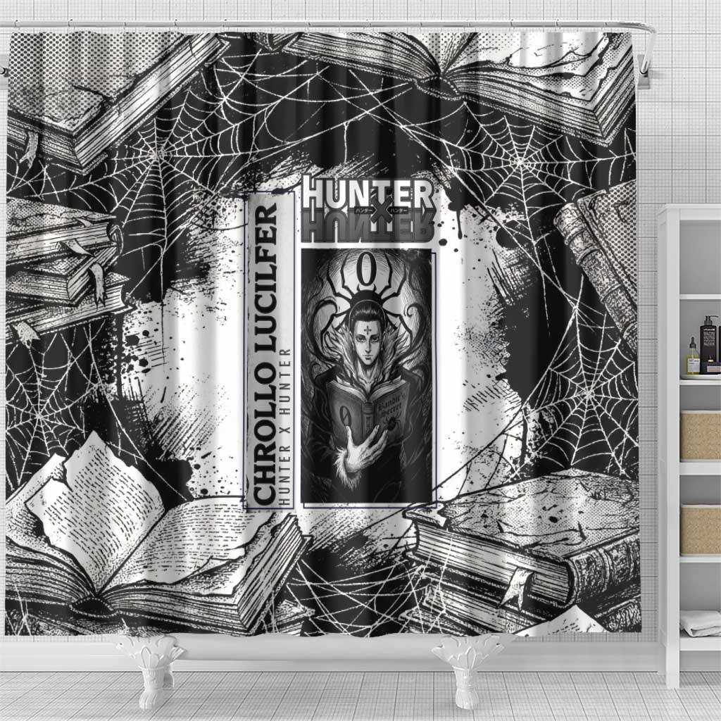 Chrollo Lucilfer Gothic Style Shower Curtain with Spider Webs, Grimoire Illustration and Monochrome Design - The Mazicc