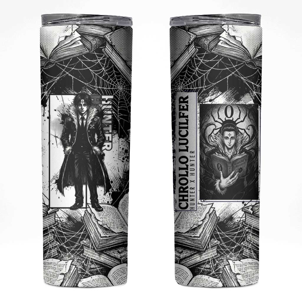 Chrollo Lucilfer Gothic Style Skinny Tumbler with Spider Webs, Grimoire Illustration and Monochrome Design - The Mazicc