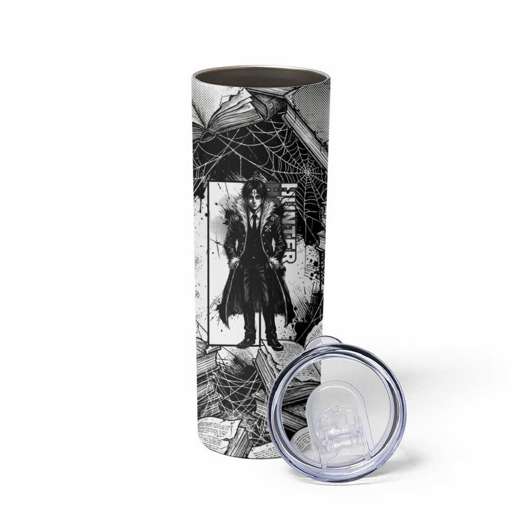 Chrollo Lucilfer Gothic Style Skinny Tumbler with Spider Webs, Grimoire Illustration and Monochrome Design - The Mazicc