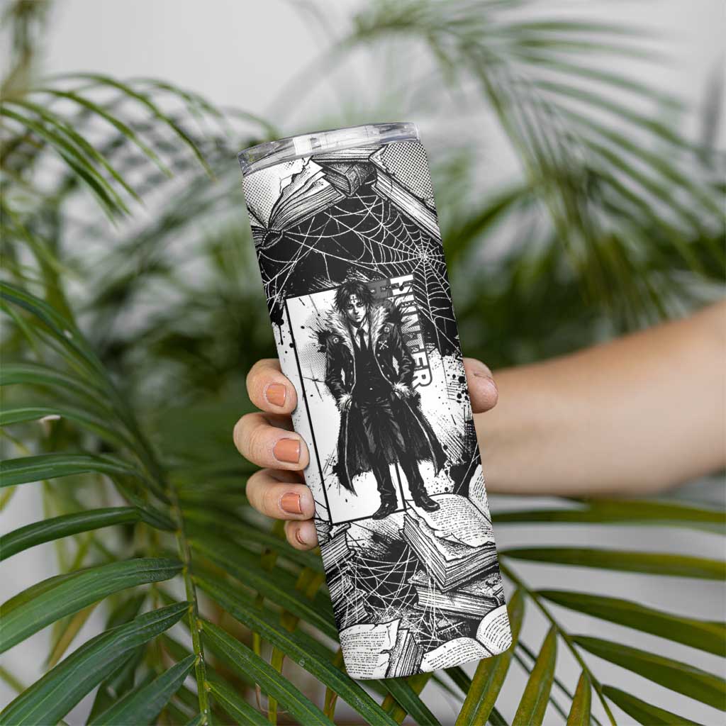 Chrollo Lucilfer Gothic Style Skinny Tumbler with Spider Webs, Grimoire Illustration and Monochrome Design - The Mazicc