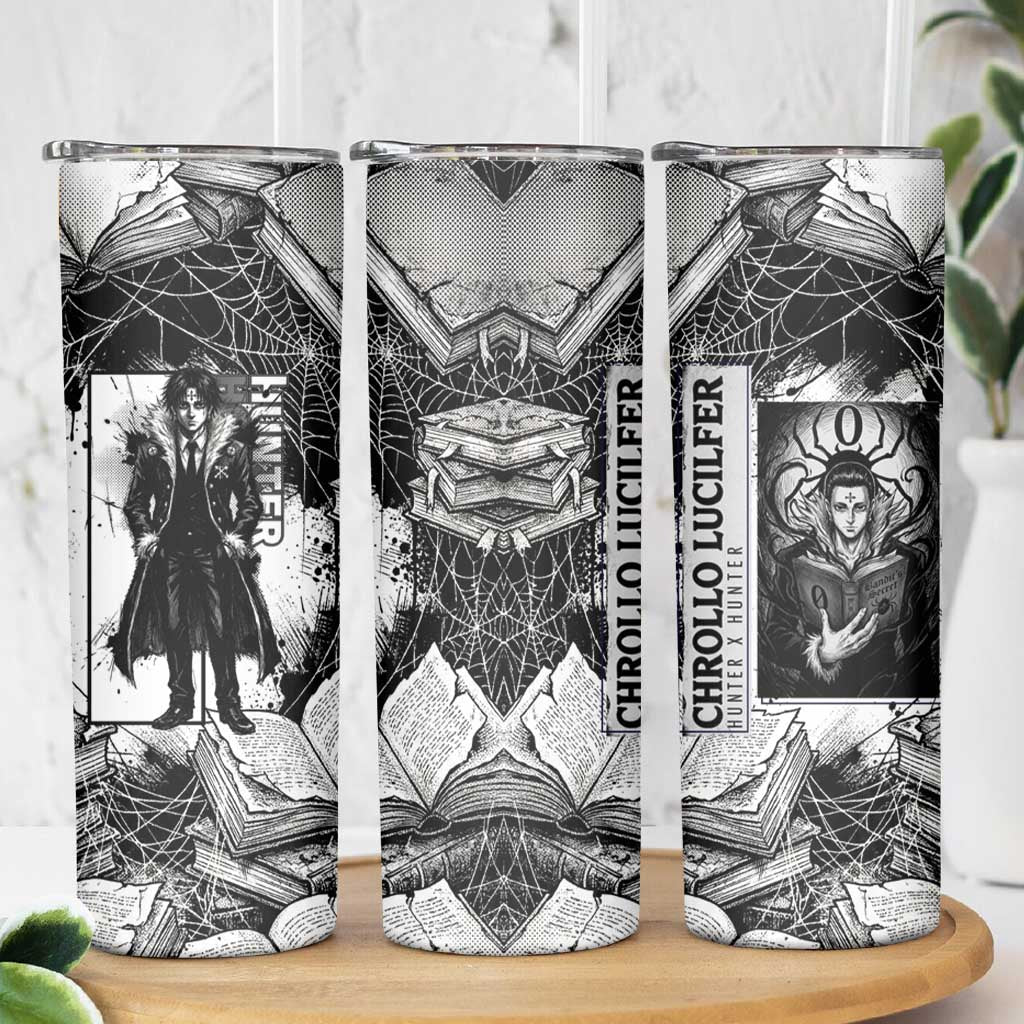 Chrollo Lucilfer Gothic Style Skinny Tumbler with Spider Webs, Grimoire Illustration and Monochrome Design - The Mazicc
