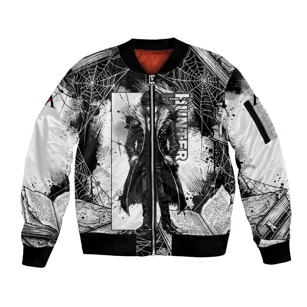 Chrollo Lucilfer Gothic Style Sleeve Zip Bomber Jacket with Spider Webs, Grimoire Illustration and Monochrome Design - The Mazicc