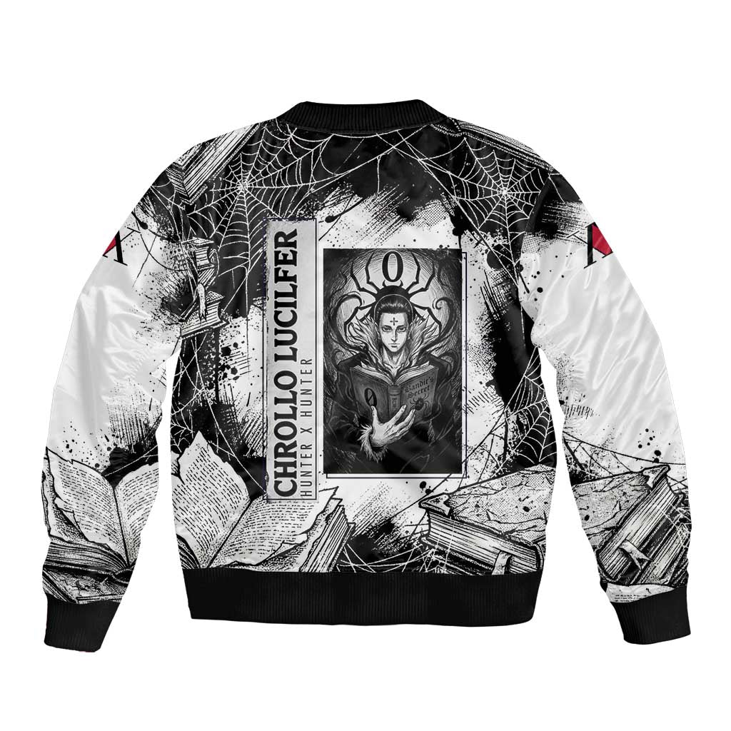 Chrollo Lucilfer Gothic Style Sleeve Zip Bomber Jacket with Spider Webs, Grimoire Illustration and Monochrome Design - The Mazicc