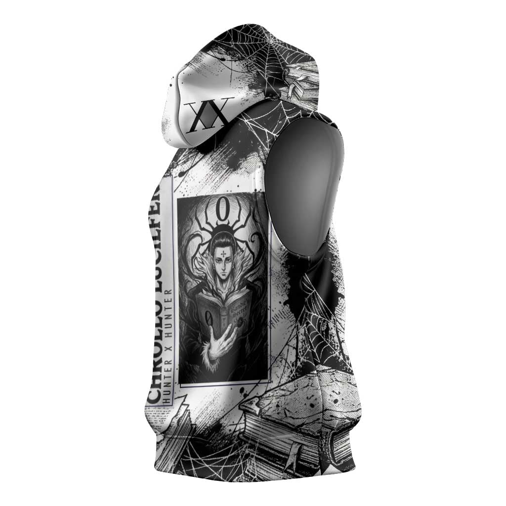 Chrollo Lucilfer Gothic Style Sleeveless Hoodie with Spider Webs, Grimoire Illustration and Monochrome Design - The Mazicc