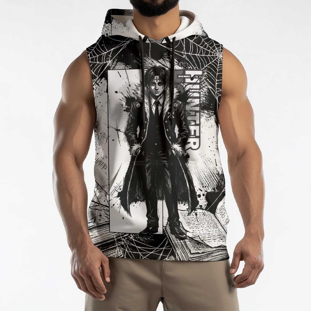 Chrollo Lucilfer Gothic Style Sleeveless Hoodie with Spider Webs, Grimoire Illustration and Monochrome Design - The Mazicc