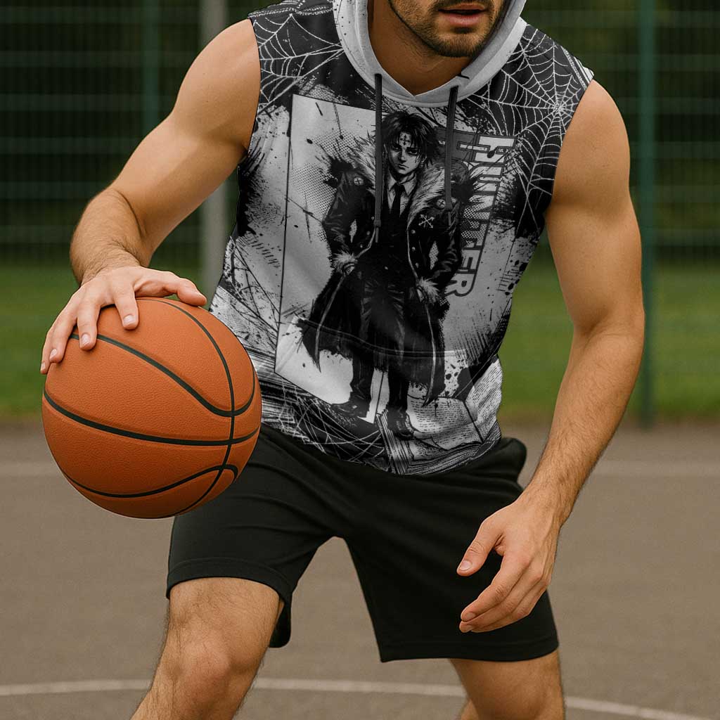 Chrollo Lucilfer Gothic Style Sleeveless Hoodie with Spider Webs, Grimoire Illustration and Monochrome Design - The Mazicc