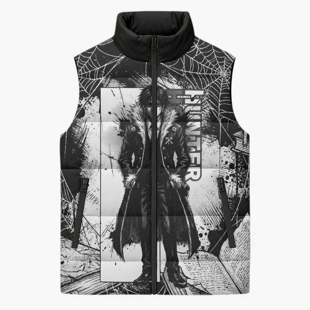 Chrollo Lucilfer Gothic Style Sleeveless Puffer Jacket with Spider Webs, Grimoire Illustration and Monochrome Design - The Mazicc