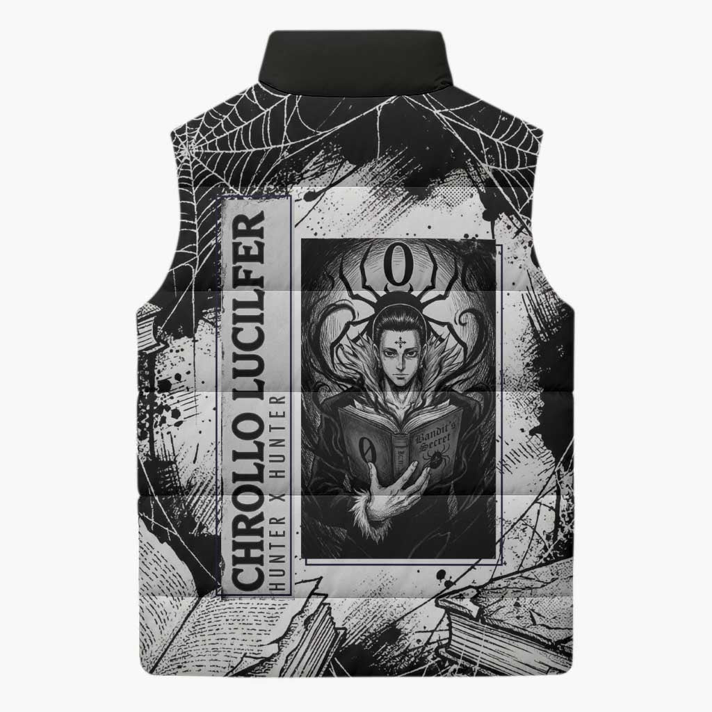 Chrollo Lucilfer Gothic Style Sleeveless Puffer Jacket with Spider Webs, Grimoire Illustration and Monochrome Design - The Mazicc