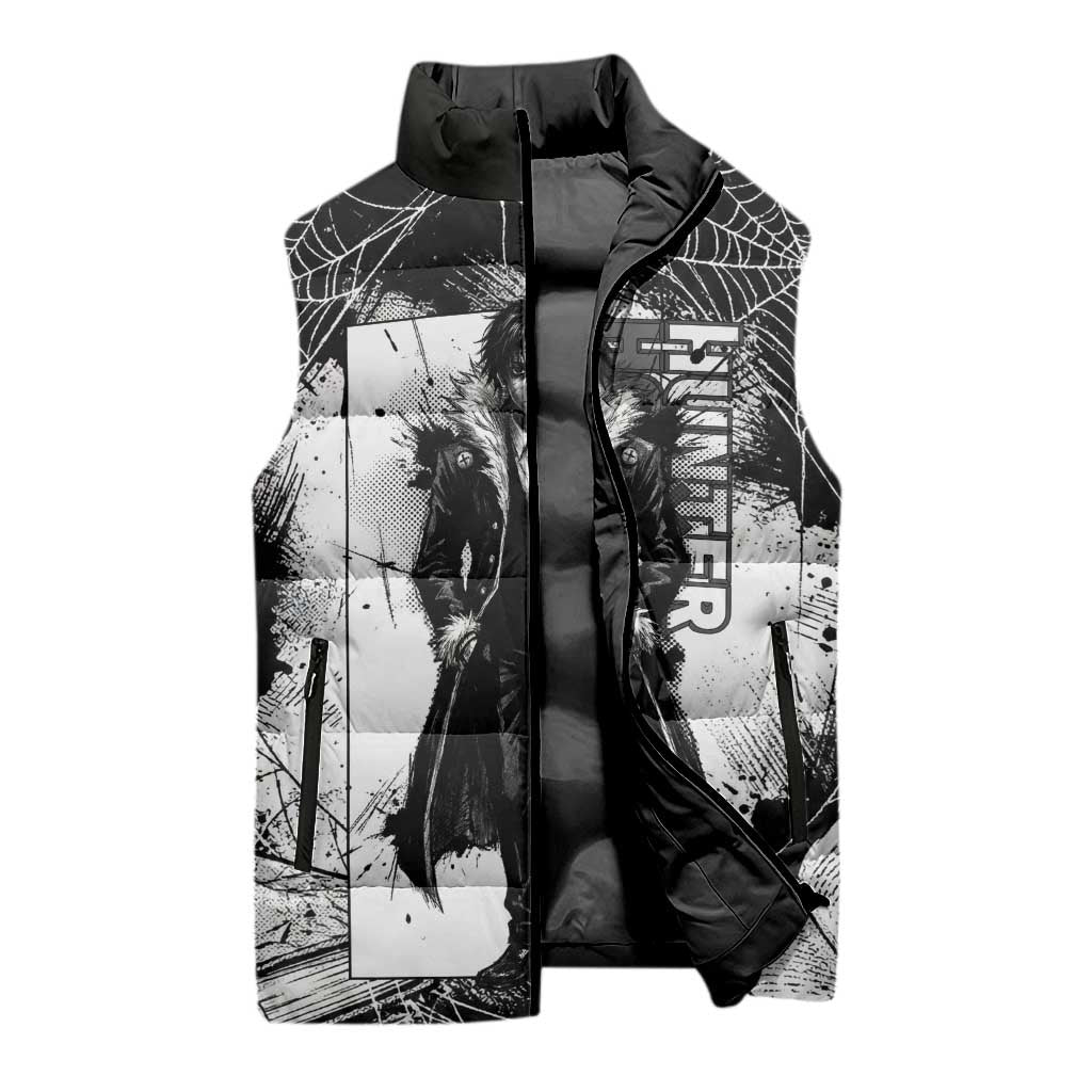 Chrollo Lucilfer Gothic Style Sleeveless Puffer Jacket with Spider Webs, Grimoire Illustration and Monochrome Design - The Mazicc