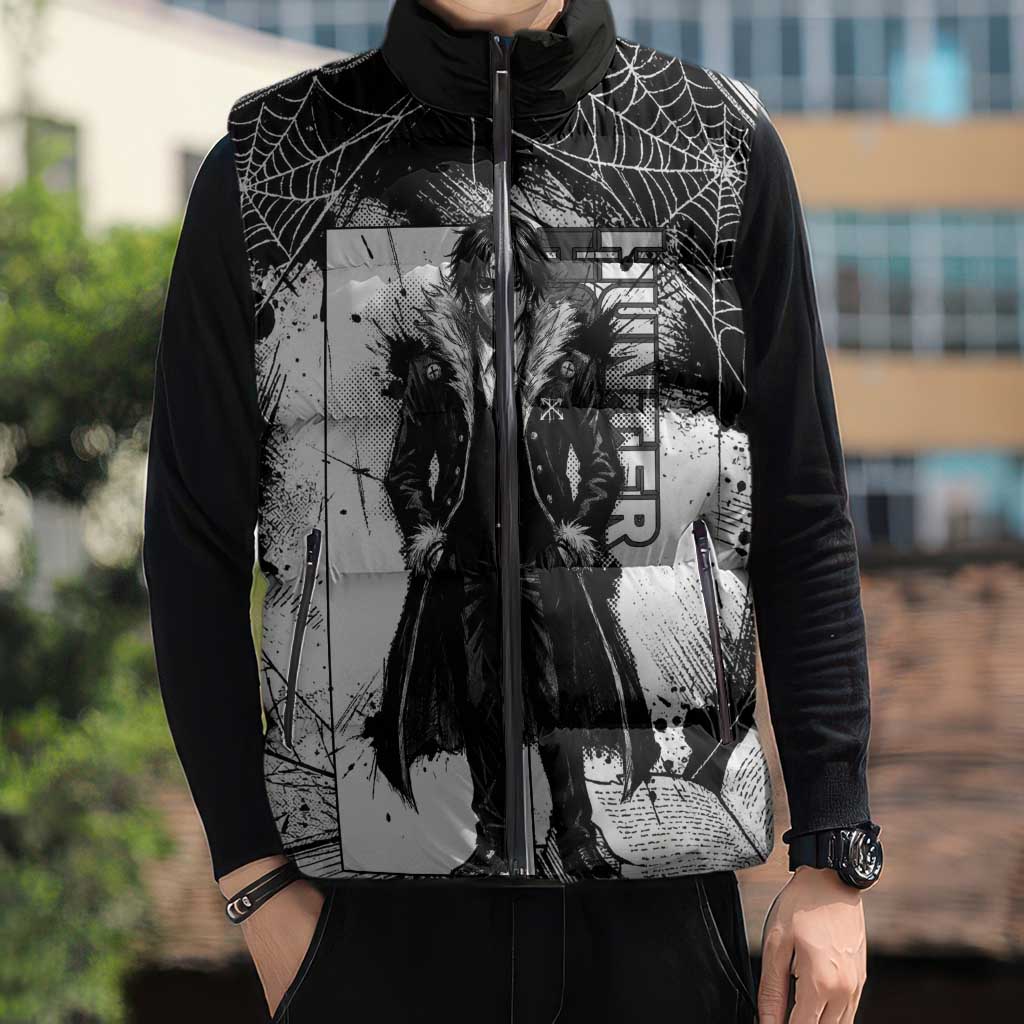 Chrollo Lucilfer Gothic Style Sleeveless Puffer Jacket with Spider Webs, Grimoire Illustration and Monochrome Design - The Mazicc