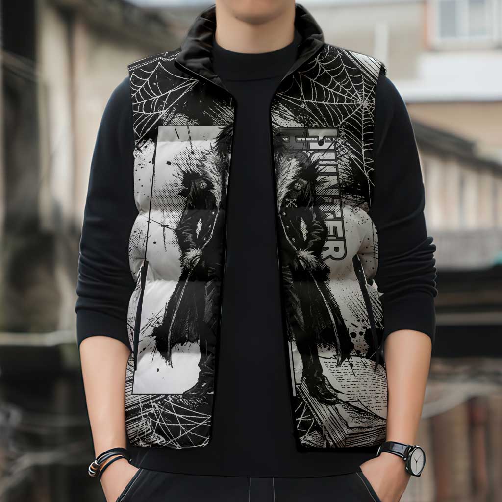 Chrollo Lucilfer Gothic Style Sleeveless Puffer Jacket with Spider Webs, Grimoire Illustration and Monochrome Design - The Mazicc