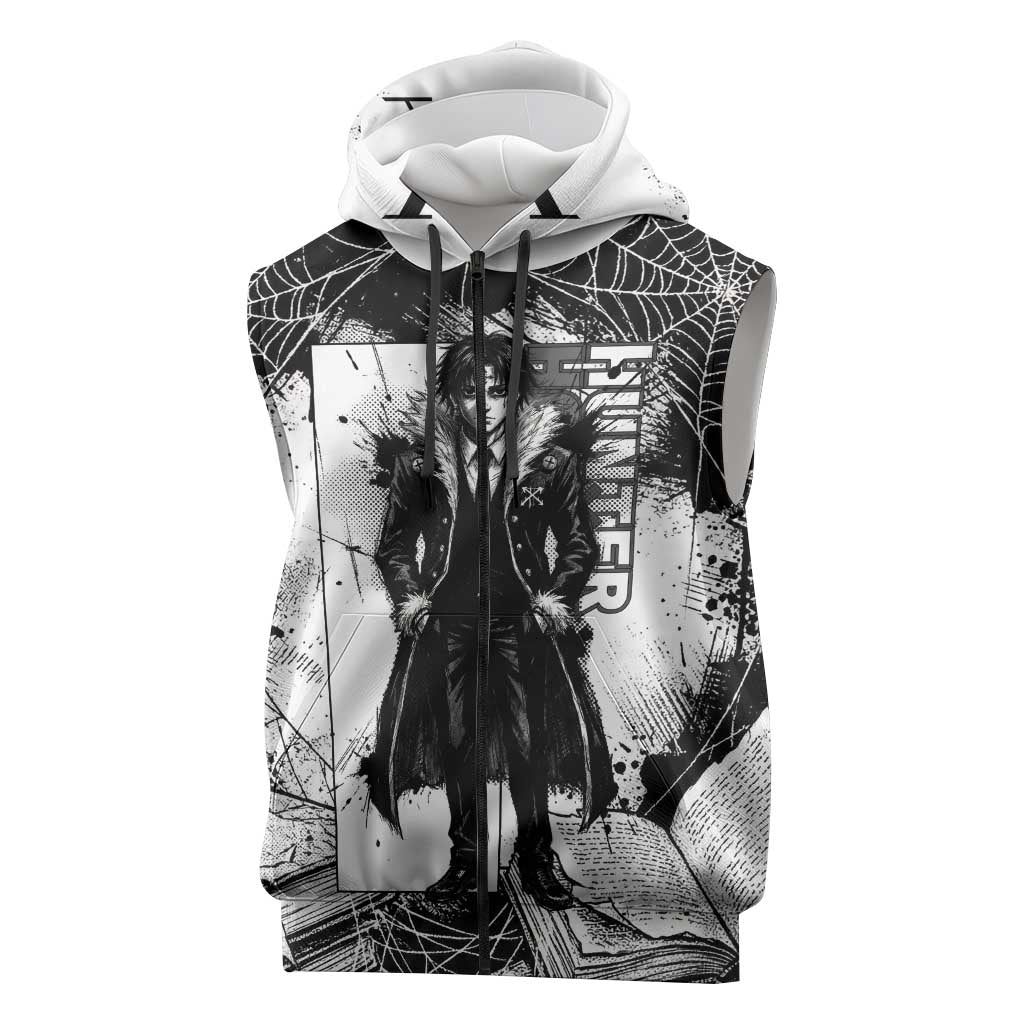 Chrollo Lucilfer Gothic Style Sleeveless Zip Hoodie with Spider Webs, Grimoire Illustration and Monochrome Design - The Mazicc