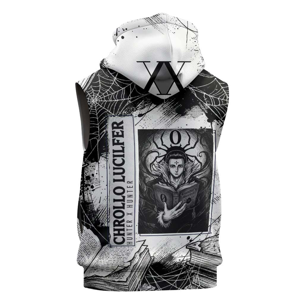 Chrollo Lucilfer Gothic Style Sleeveless Zip Hoodie with Spider Webs, Grimoire Illustration and Monochrome Design - The Mazicc
