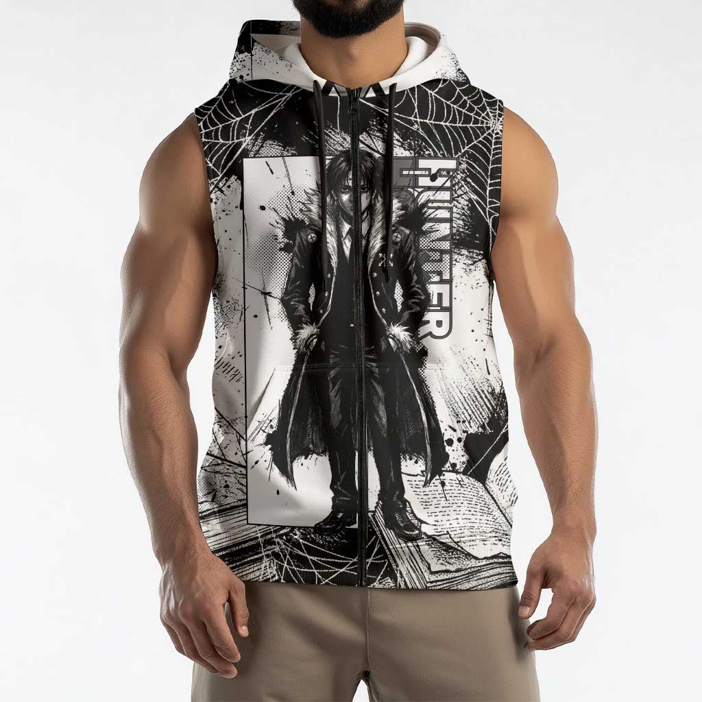 Chrollo Lucilfer Gothic Style Sleeveless Zip Hoodie with Spider Webs, Grimoire Illustration and Monochrome Design - The Mazicc
