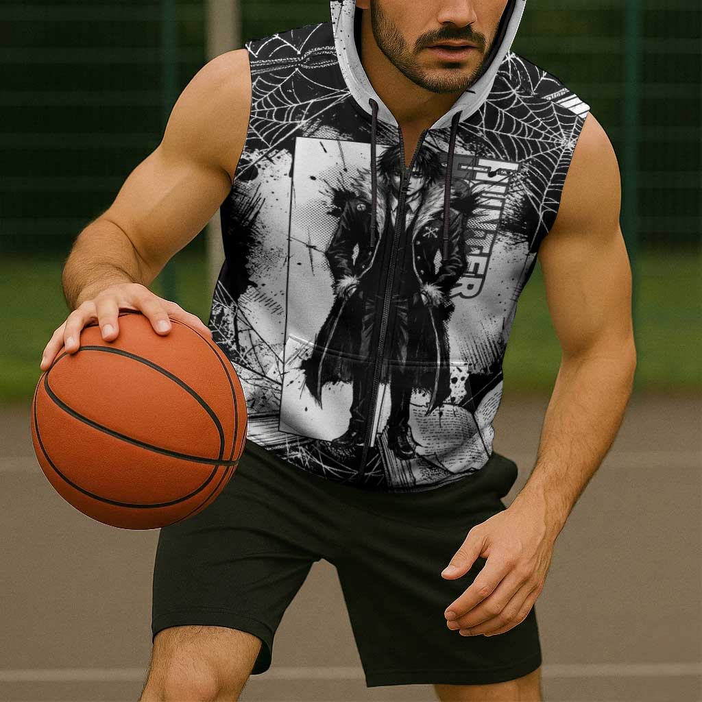 Chrollo Lucilfer Gothic Style Sleeveless Zip Hoodie with Spider Webs, Grimoire Illustration and Monochrome Design - The Mazicc