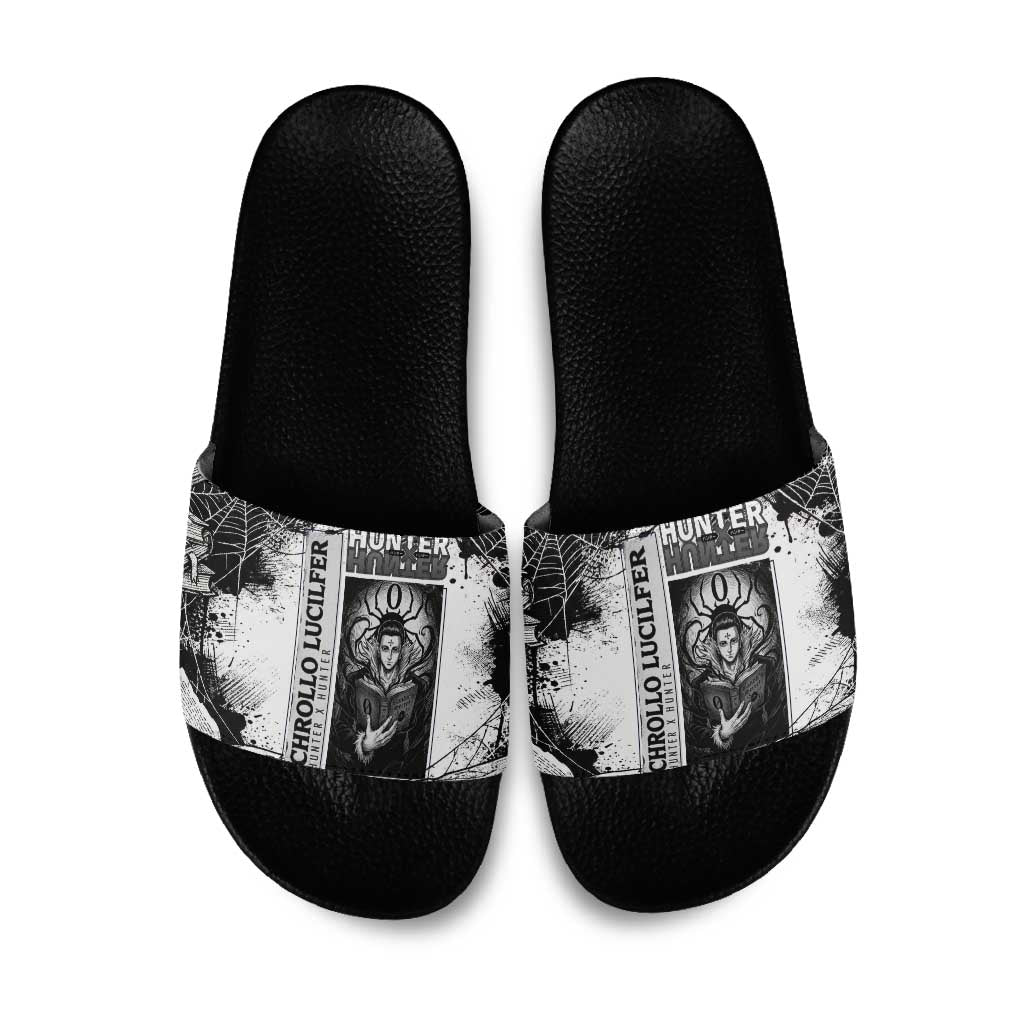 Chrollo Lucilfer Gothic Style Slide Sandals with Spider Webs, Grimoire Illustration and Monochrome Design - The Mazicc