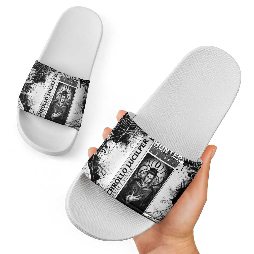 Chrollo Lucilfer Gothic Style Slide Sandals with Spider Webs, Grimoire Illustration and Monochrome Design - The Mazicc