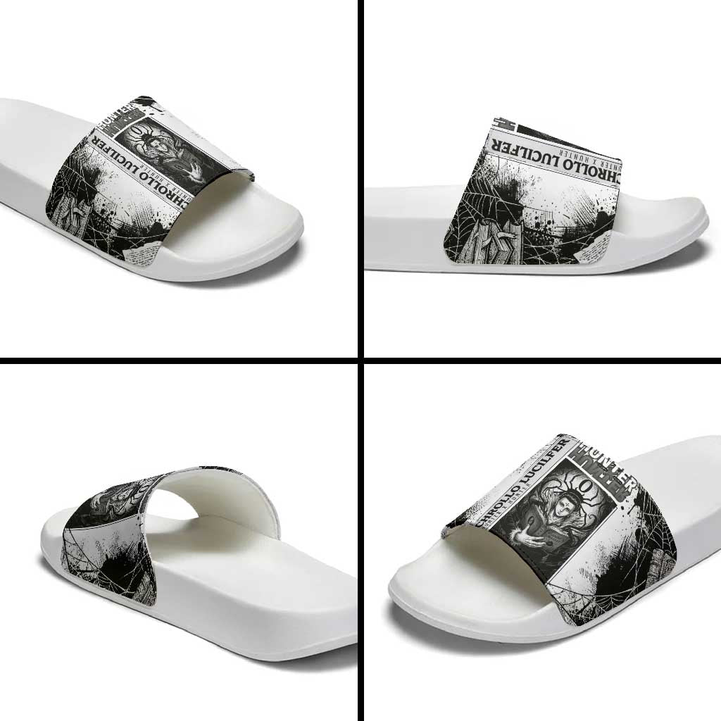 Chrollo Lucilfer Gothic Style Slide Sandals with Spider Webs, Grimoire Illustration and Monochrome Design - The Mazicc