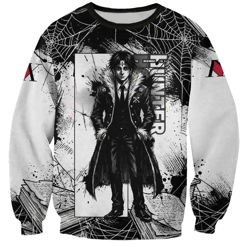 Chrollo Lucilfer Gothic Style Sweatshirt with Spider Webs, Grimoire Illustration and Monochrome Design - The Mazicc