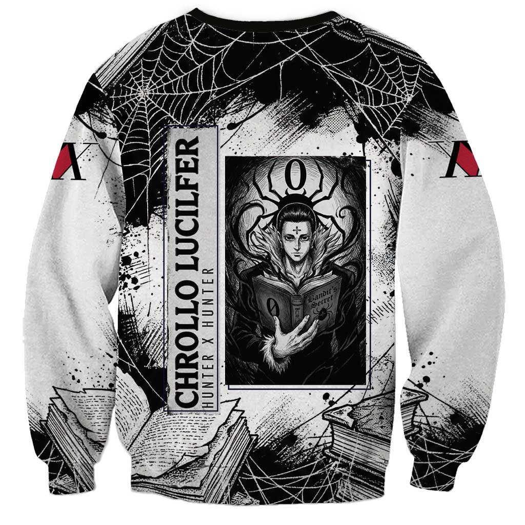 Chrollo Lucilfer Gothic Style Sweatshirt with Spider Webs, Grimoire Illustration and Monochrome Design - The Mazicc