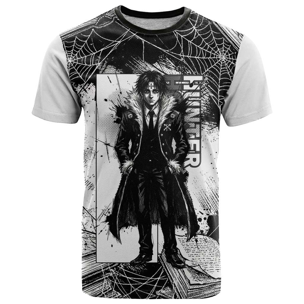 Chrollo Lucilfer Gothic Style T Shirt with Spider Webs, Grimoire Illustration and Monochrome Design - The Mazicc