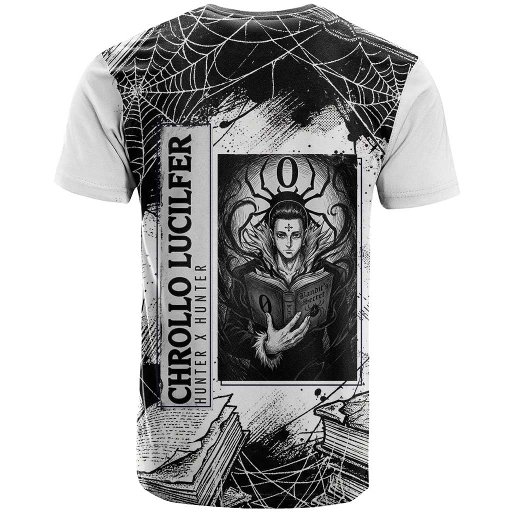 Chrollo Lucilfer Gothic Style T Shirt with Spider Webs, Grimoire Illustration and Monochrome Design - The Mazicc