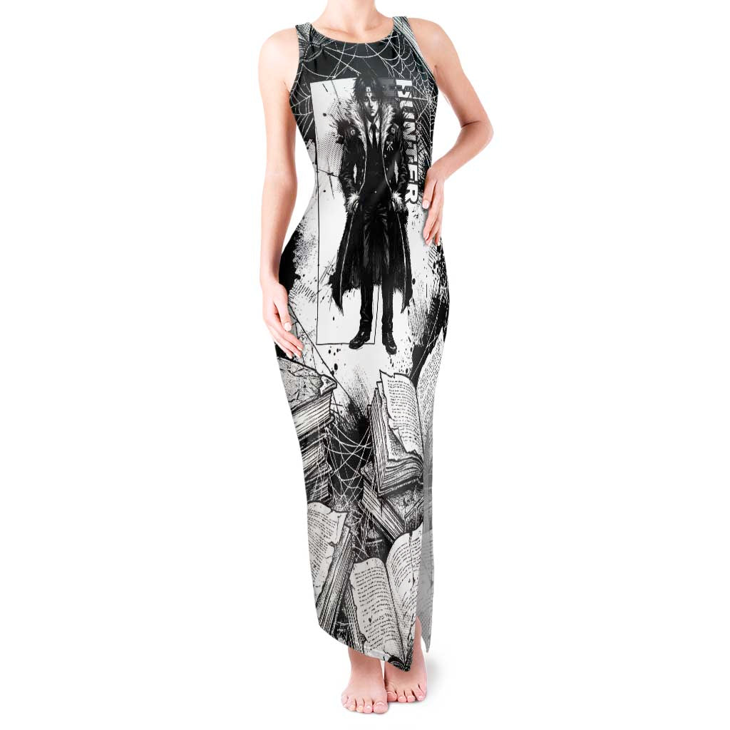 Chrollo Lucilfer Gothic Style Tank Maxi Dress with Spider Webs, Grimoire Illustration and Monochrome Design - The Mazicc