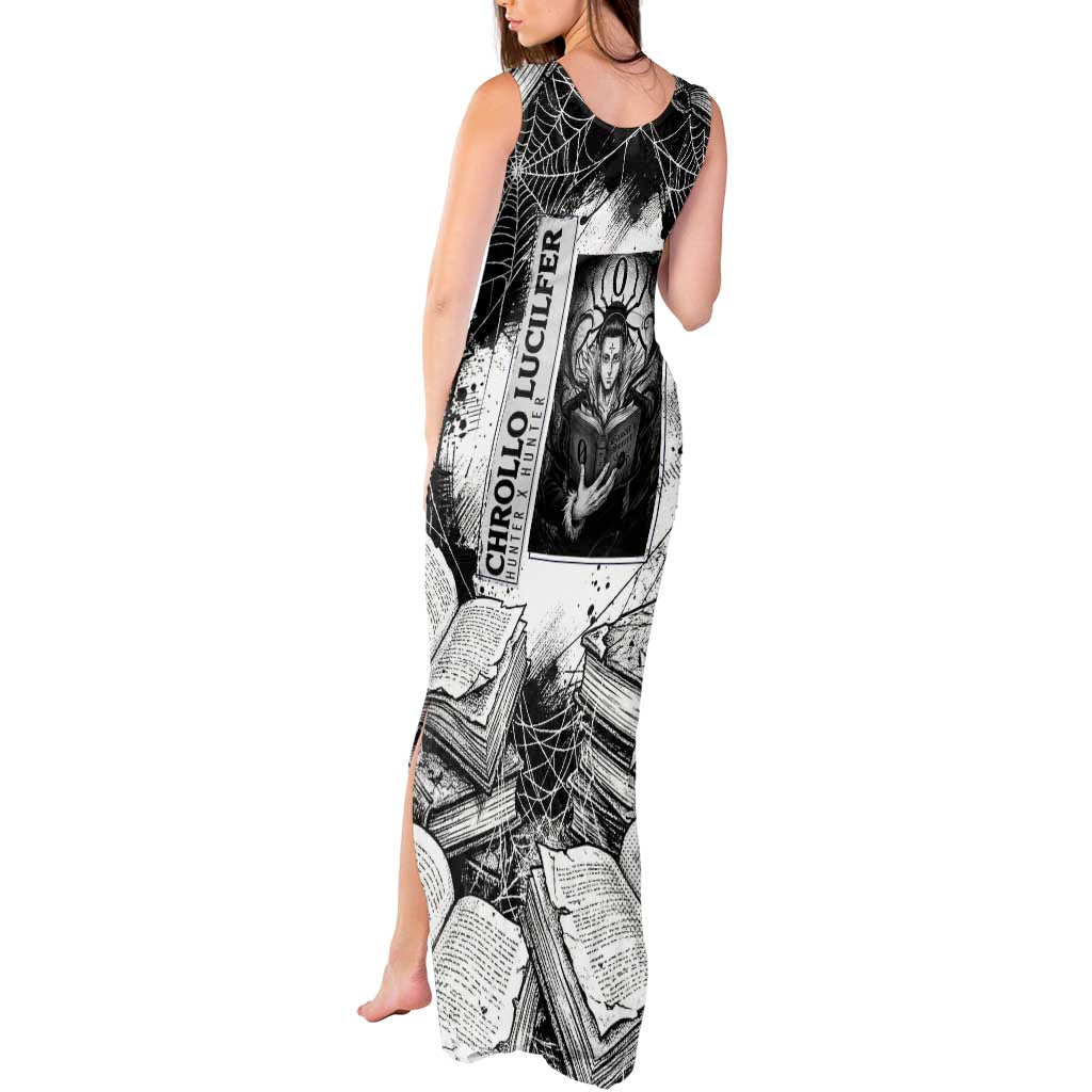 Chrollo Lucilfer Gothic Style Tank Maxi Dress with Spider Webs, Grimoire Illustration and Monochrome Design - The Mazicc