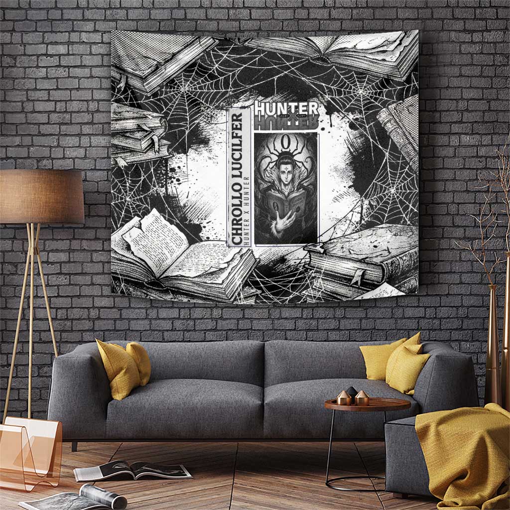 Chrollo Lucilfer Gothic Style Tapestry with Spider Webs, Grimoire Illustration and Monochrome Design - The Mazicc