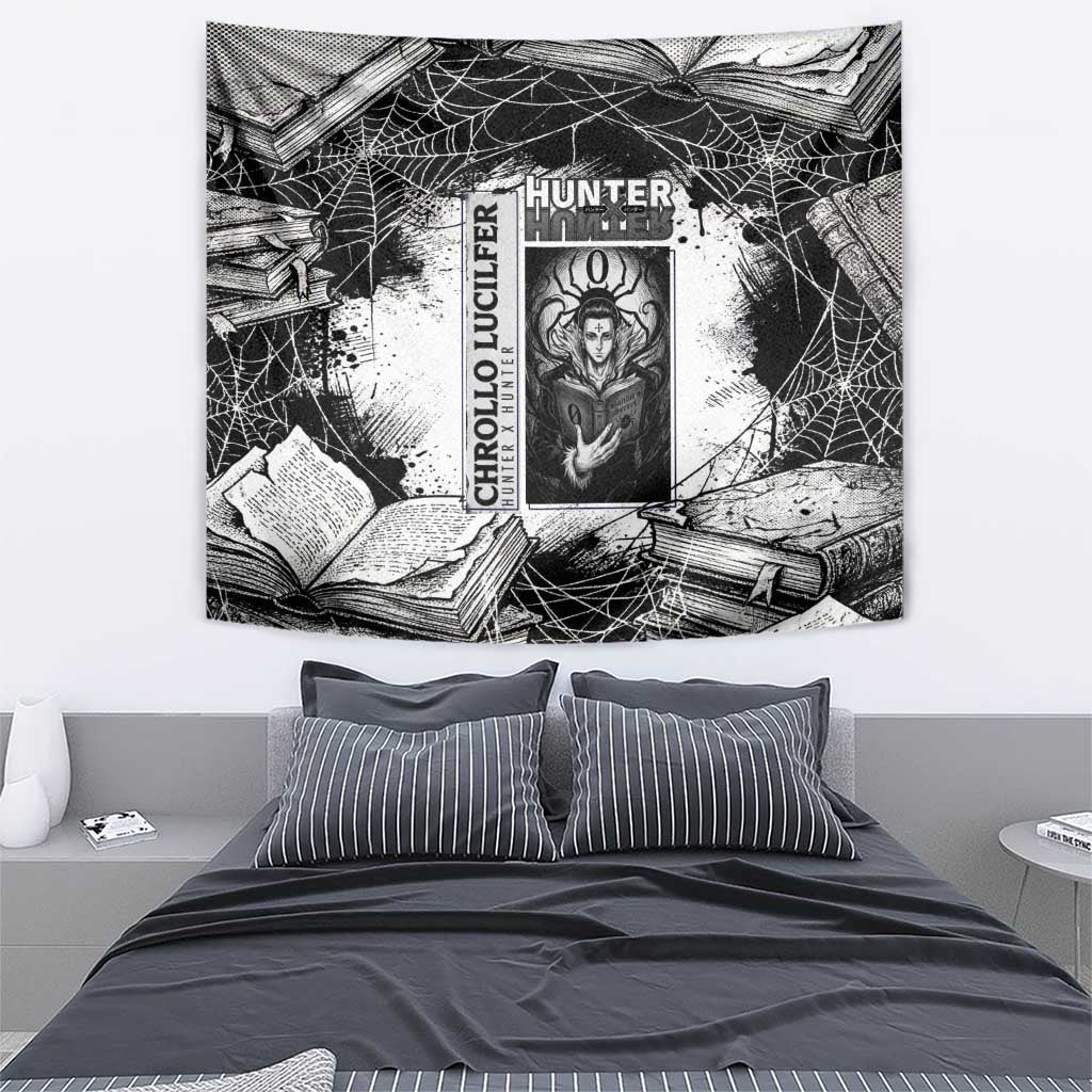 Chrollo Lucilfer Gothic Style Tapestry with Spider Webs, Grimoire Illustration and Monochrome Design - The Mazicc