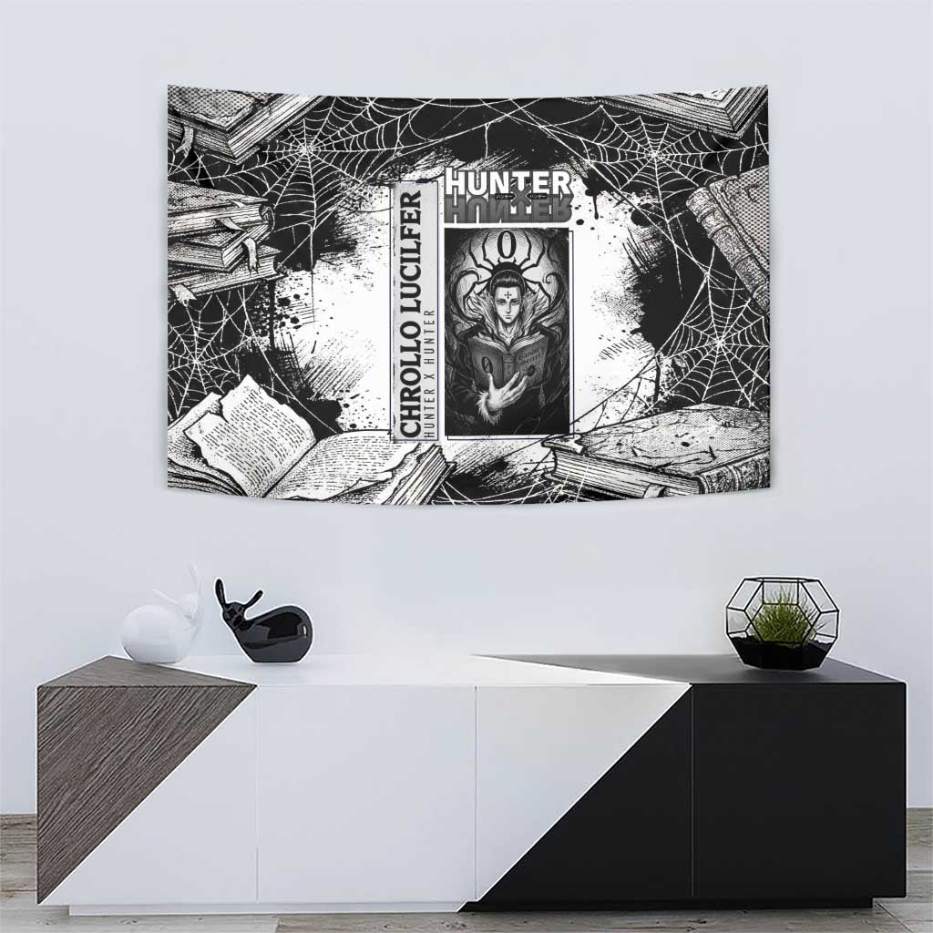 Chrollo Lucilfer Gothic Style Tapestry with Spider Webs, Grimoire Illustration and Monochrome Design - The Mazicc