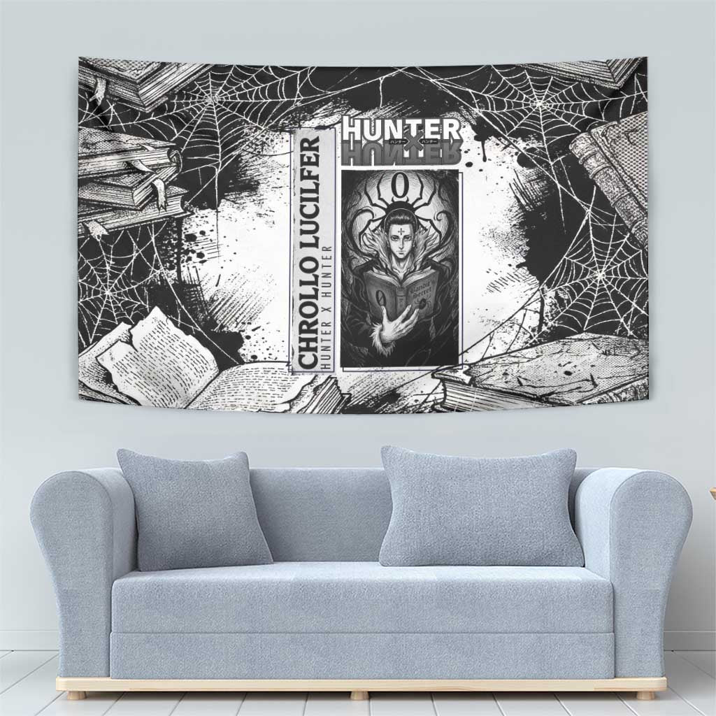 Chrollo Lucilfer Gothic Style Tapestry with Spider Webs, Grimoire Illustration and Monochrome Design - The Mazicc
