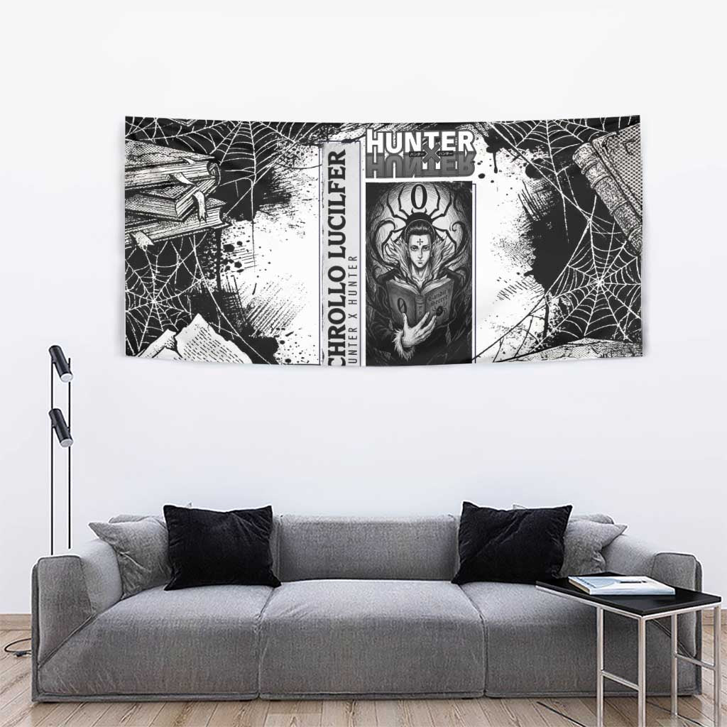 Chrollo Lucilfer Gothic Style Tapestry with Spider Webs, Grimoire Illustration and Monochrome Design - The Mazicc