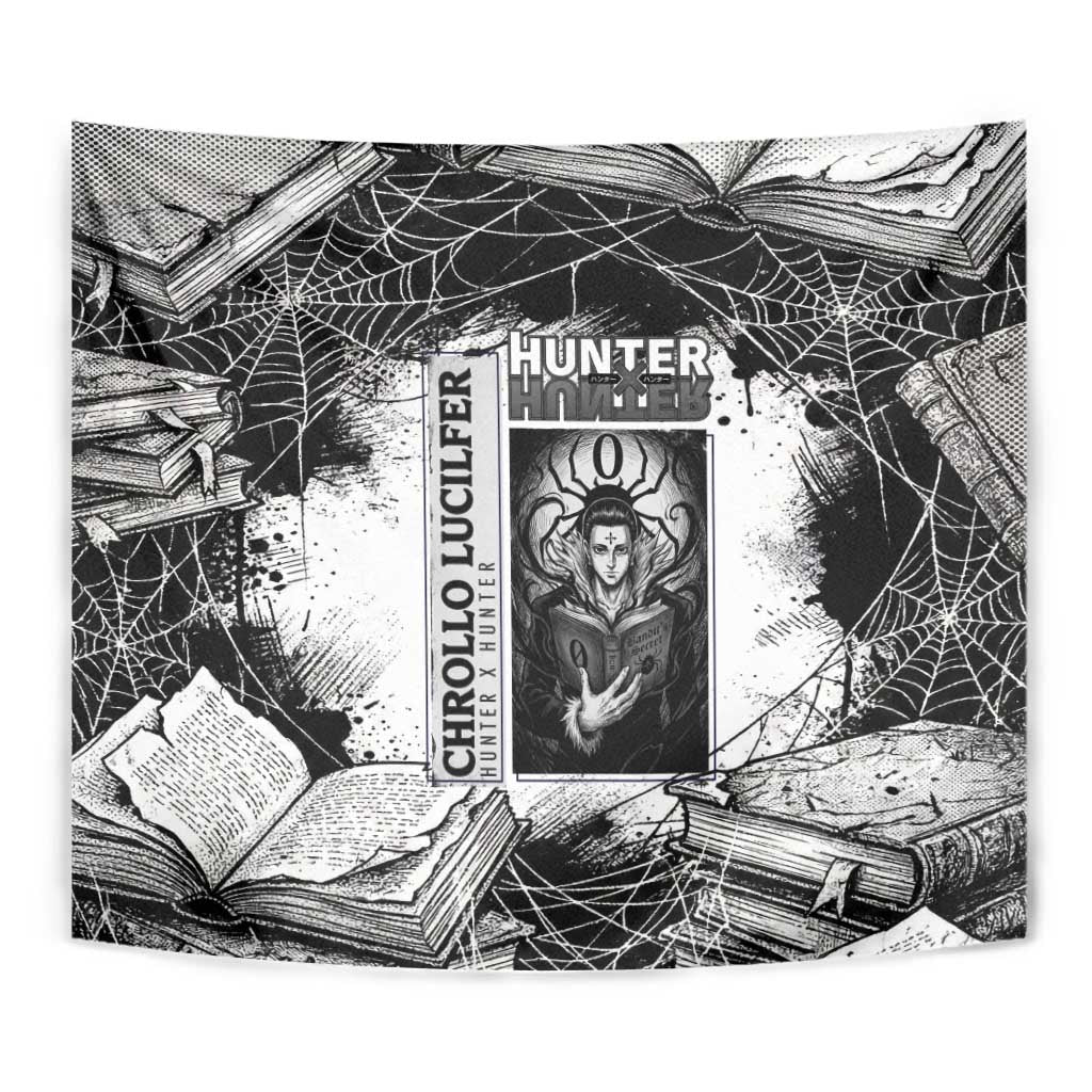 Chrollo Lucilfer Gothic Style Tapestry with Spider Webs, Grimoire Illustration and Monochrome Design - The Mazicc