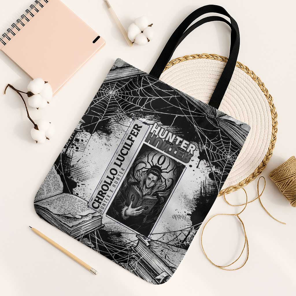 Chrollo Lucilfer Gothic Style Tote Bag with Spider Webs, Grimoire Illustration and Monochrome Design - The Mazicc