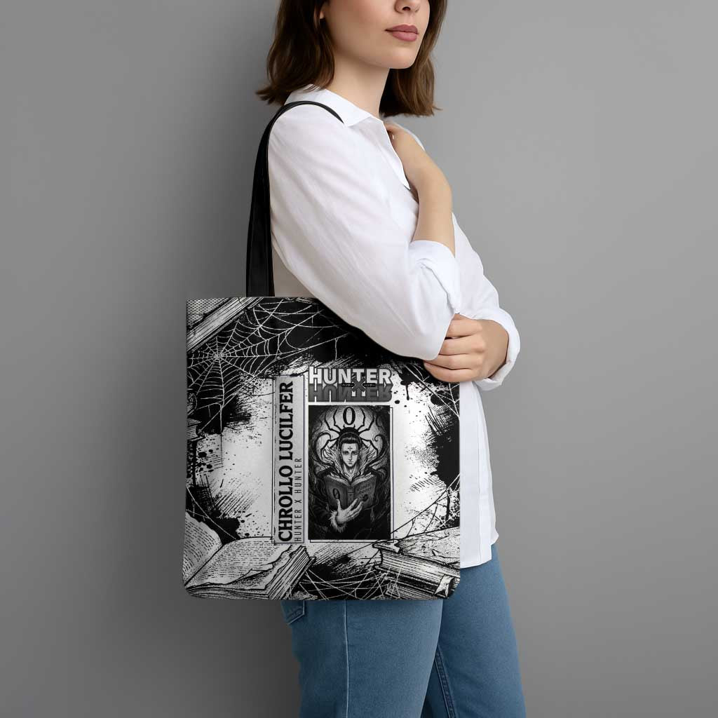 Chrollo Lucilfer Gothic Style Tote Bag with Spider Webs, Grimoire Illustration and Monochrome Design - The Mazicc