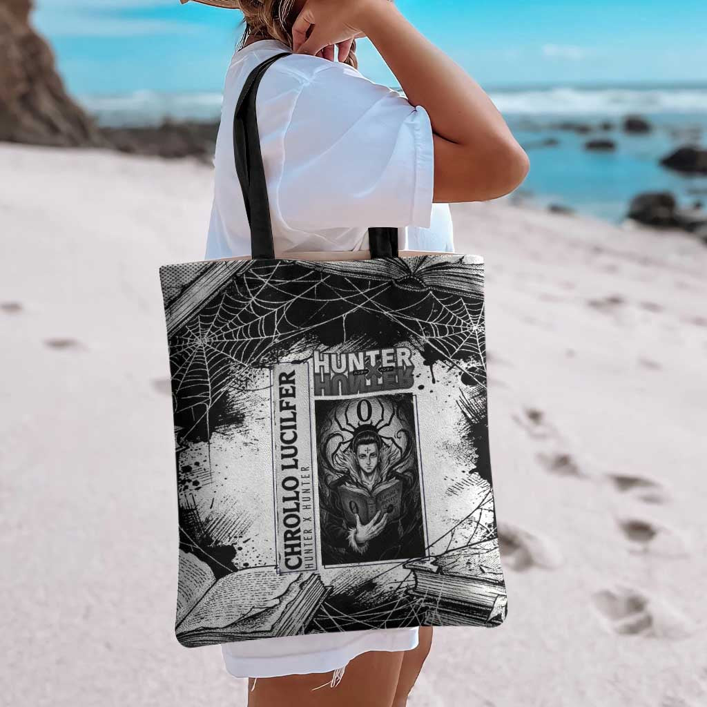 Chrollo Lucilfer Gothic Style Tote Bag with Spider Webs, Grimoire Illustration and Monochrome Design - The Mazicc
