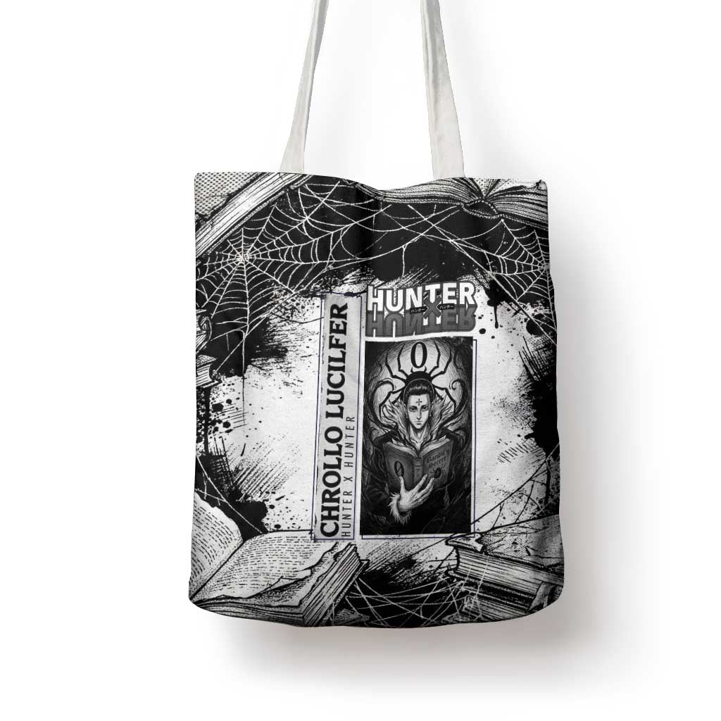 Chrollo Lucilfer Gothic Style Tote Bag with Spider Webs, Grimoire Illustration and Monochrome Design - The Mazicc