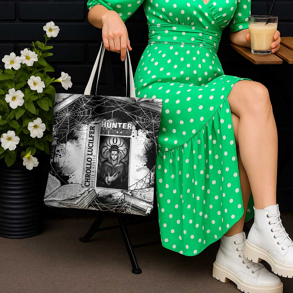 Chrollo Lucilfer Gothic Style Tote Bag with Spider Webs, Grimoire Illustration and Monochrome Design - The Mazicc