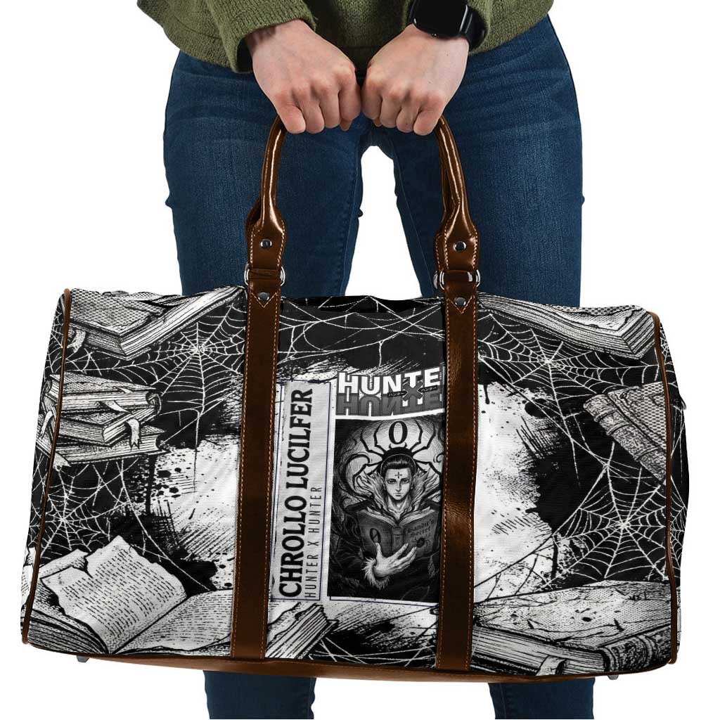 Chrollo Lucilfer Gothic Style Travel Bag with Spider Webs, Grimoire Illustration and Monochrome Design - The Mazicc