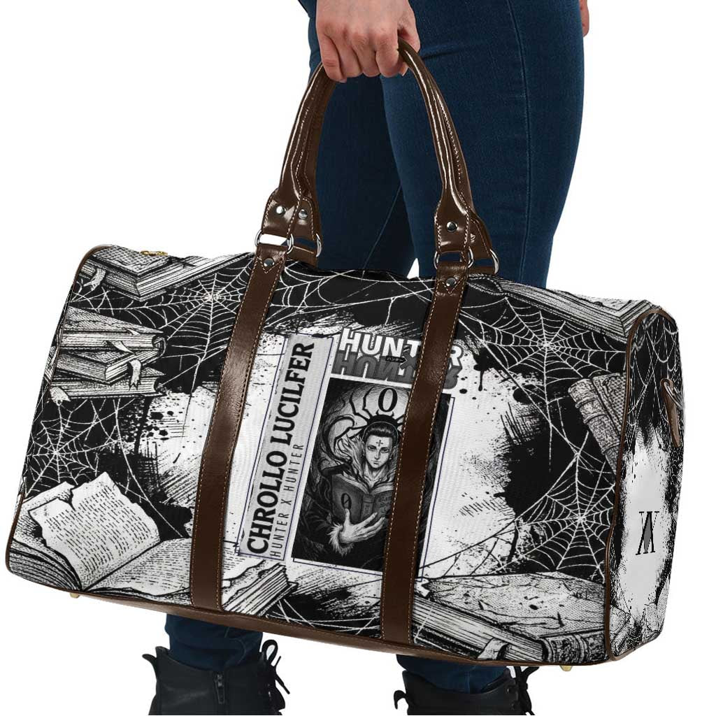 Chrollo Lucilfer Gothic Style Travel Bag with Spider Webs, Grimoire Illustration and Monochrome Design - The Mazicc