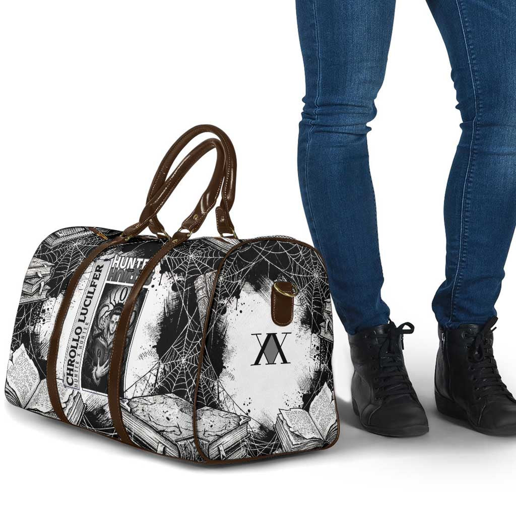 Chrollo Lucilfer Gothic Style Travel Bag with Spider Webs, Grimoire Illustration and Monochrome Design - The Mazicc