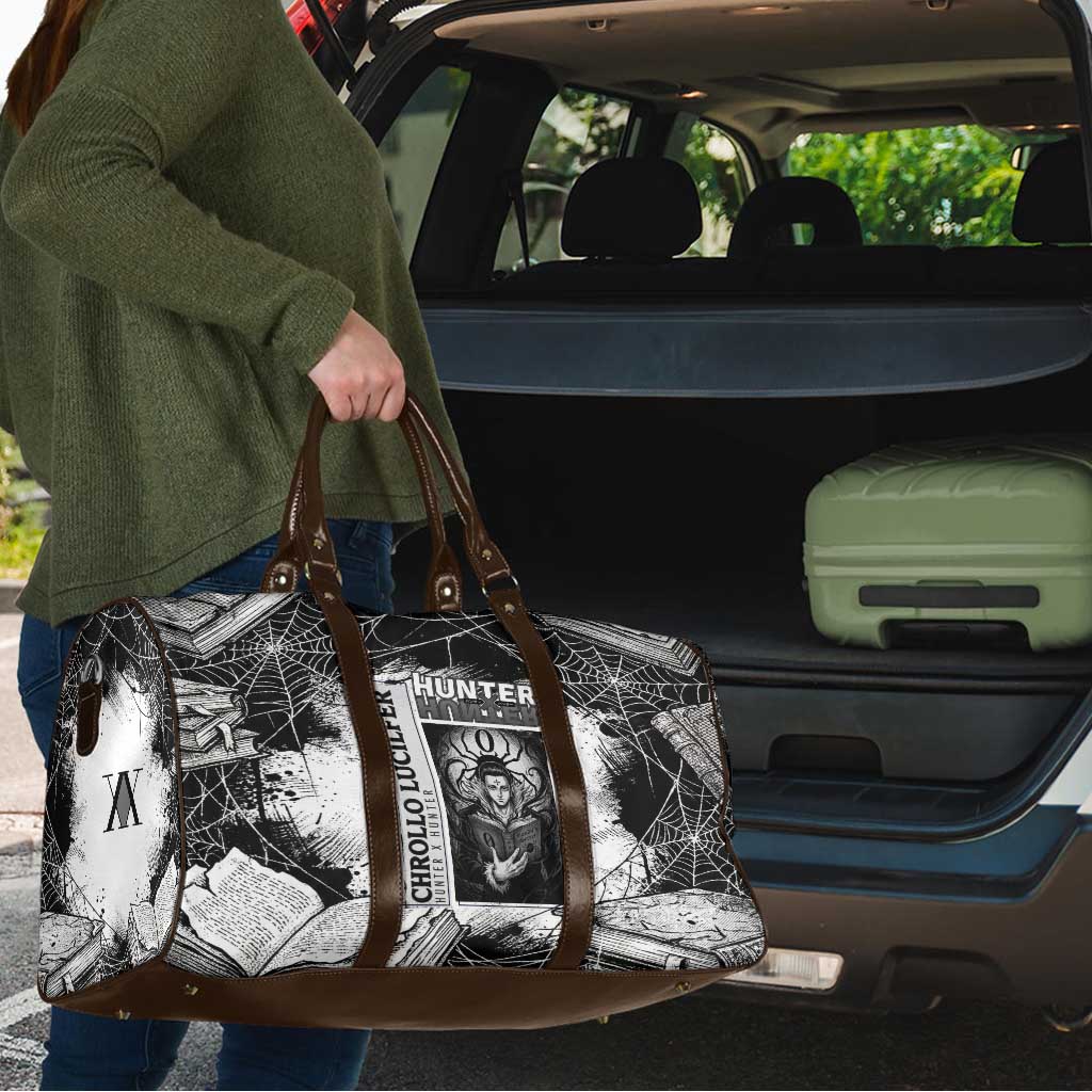 Chrollo Lucilfer Gothic Style Travel Bag with Spider Webs, Grimoire Illustration and Monochrome Design - The Mazicc