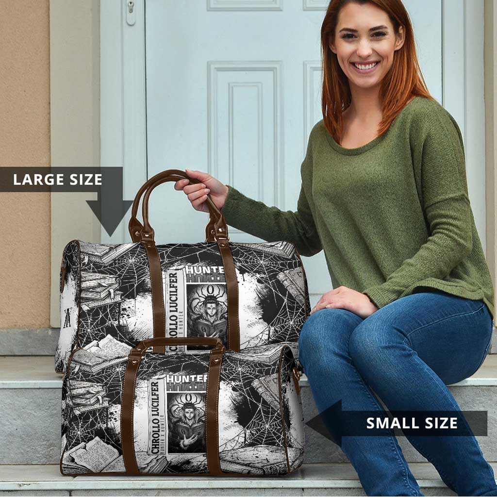 Chrollo Lucilfer Gothic Style Travel Bag with Spider Webs, Grimoire Illustration and Monochrome Design - The Mazicc