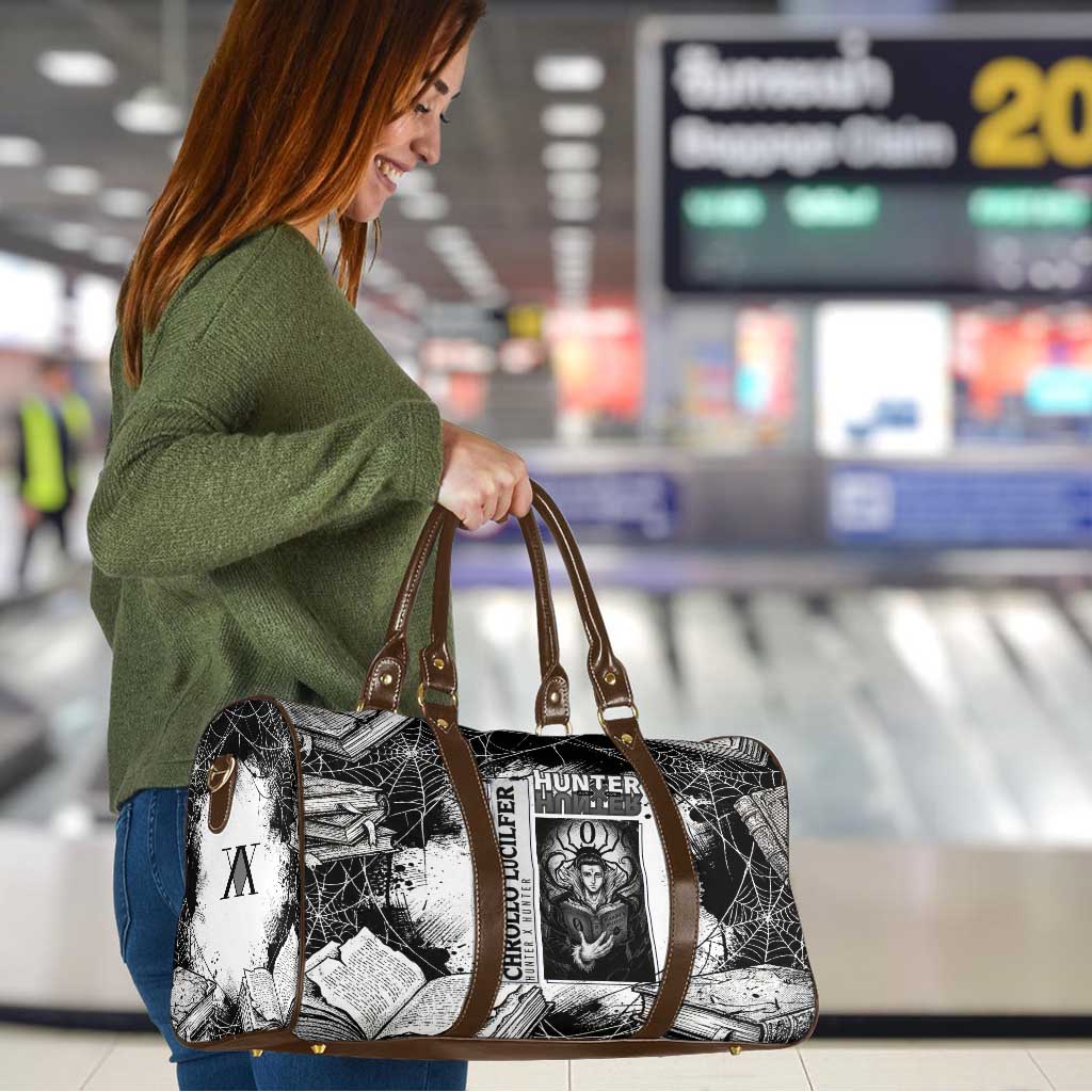 Chrollo Lucilfer Gothic Style Travel Bag with Spider Webs, Grimoire Illustration and Monochrome Design - The Mazicc