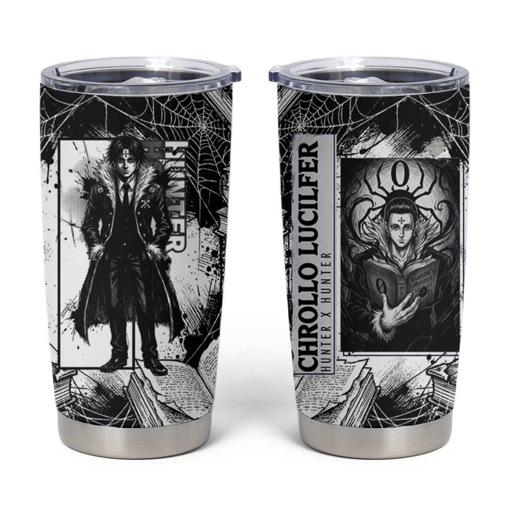 Chrollo Lucilfer Gothic Style Tumbler Cup with Spider Webs, Grimoire Illustration and Monochrome Design - The Mazicc