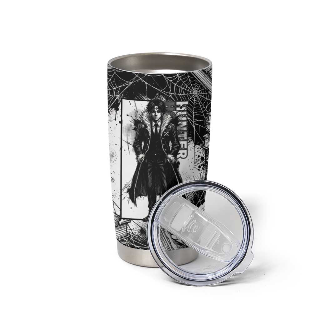 Chrollo Lucilfer Gothic Style Tumbler Cup with Spider Webs, Grimoire Illustration and Monochrome Design - The Mazicc