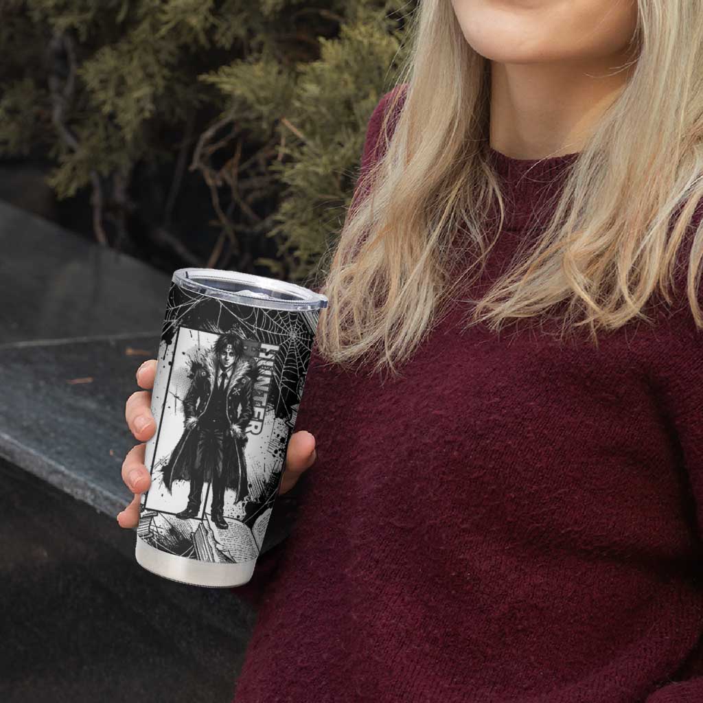 Chrollo Lucilfer Gothic Style Tumbler Cup with Spider Webs, Grimoire Illustration and Monochrome Design - The Mazicc