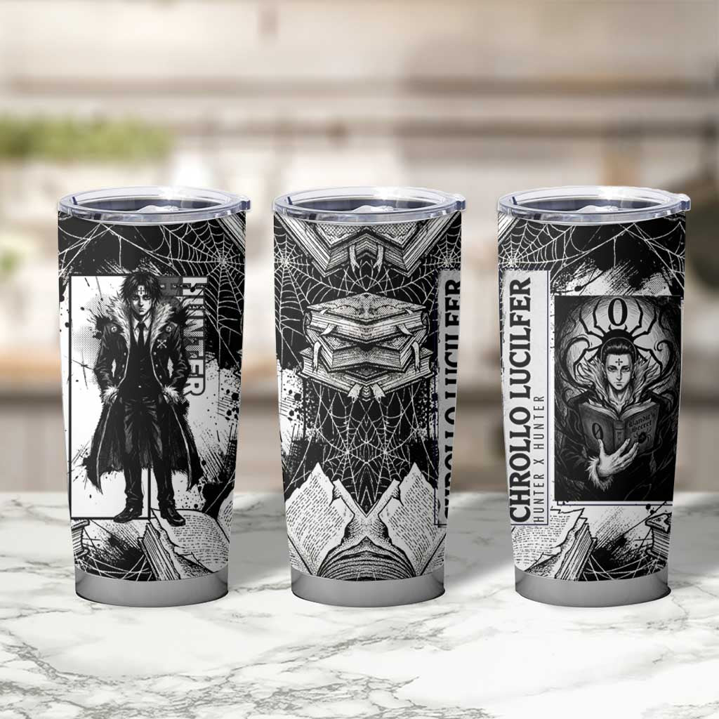 Chrollo Lucilfer Gothic Style Tumbler Cup with Spider Webs, Grimoire Illustration and Monochrome Design - The Mazicc