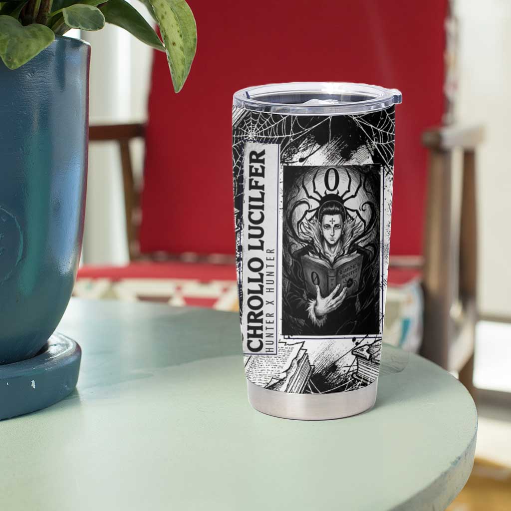 Chrollo Lucilfer Gothic Style Tumbler Cup with Spider Webs, Grimoire Illustration and Monochrome Design - The Mazicc